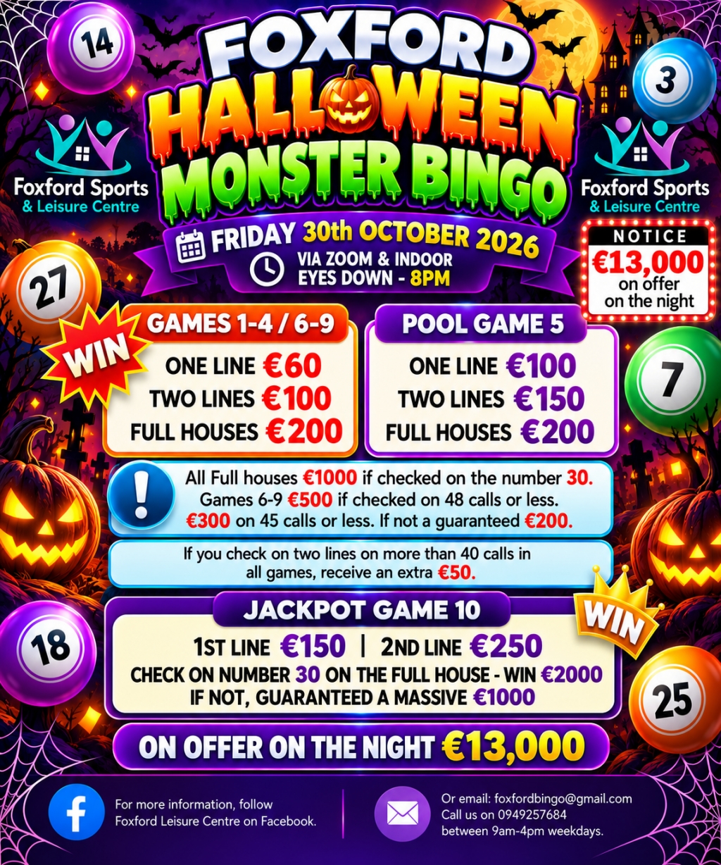 Foxford Halloween Monster Bingo 30/10/26